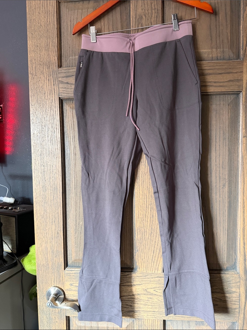 Athleta Gray Boot-Cut Pants with Pink Waistband